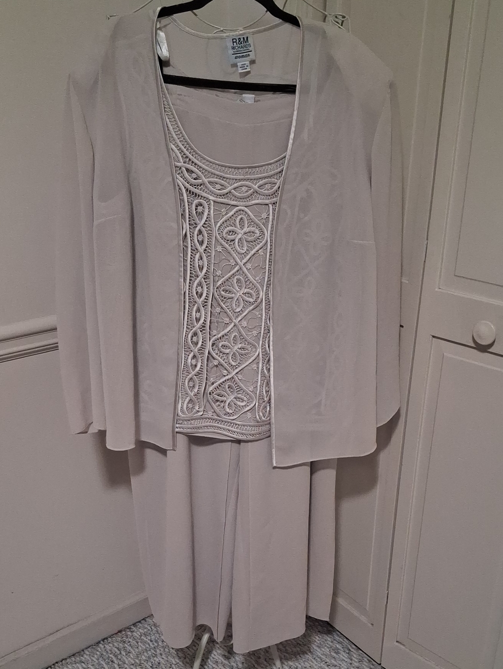 R&M Richards Cream Embellished Tank with Jacket and Pants Set